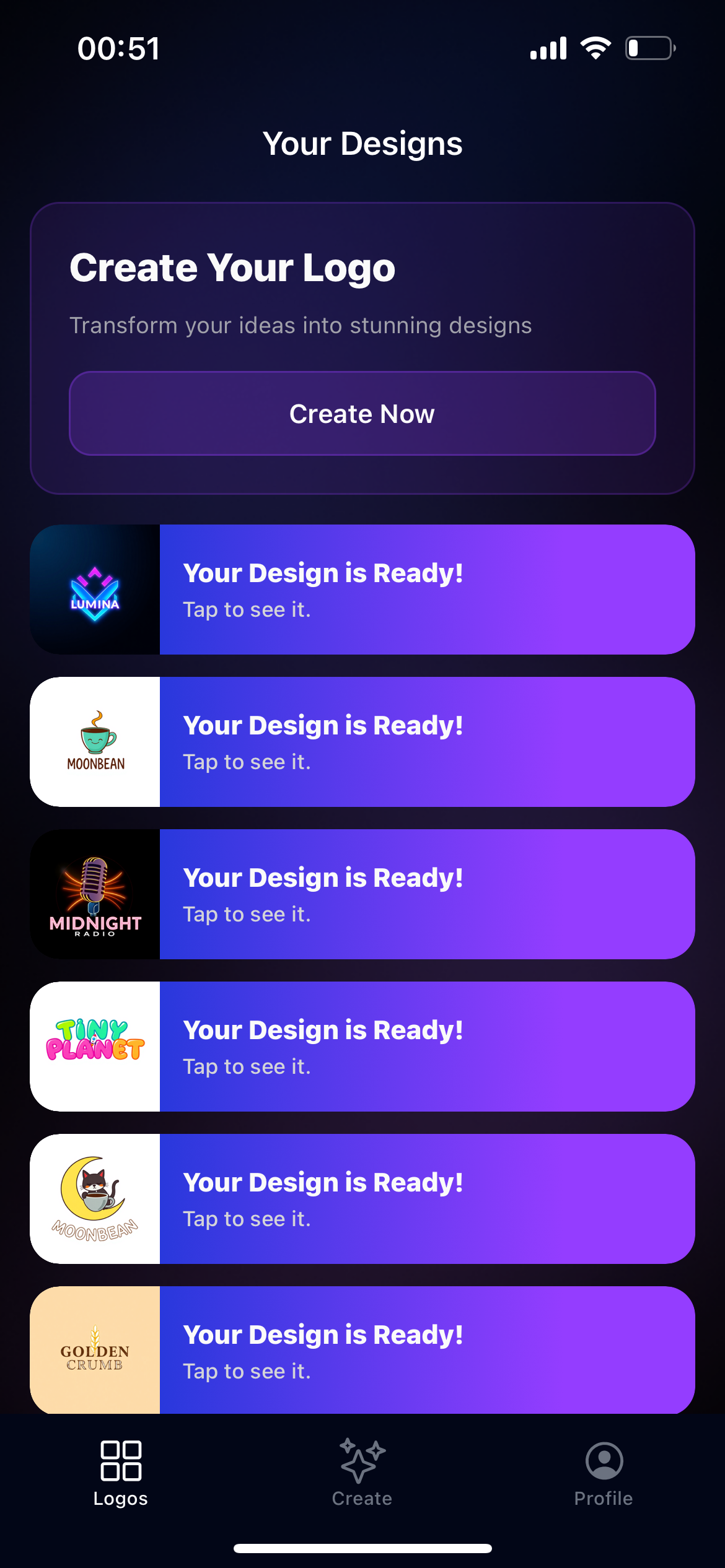 Logoso — Your Designs screen
